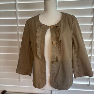 Talbots Womens Khaki Blazer Size 14P‎ Ruffle 3/4 Sleeves Stretch  Spring Pockets